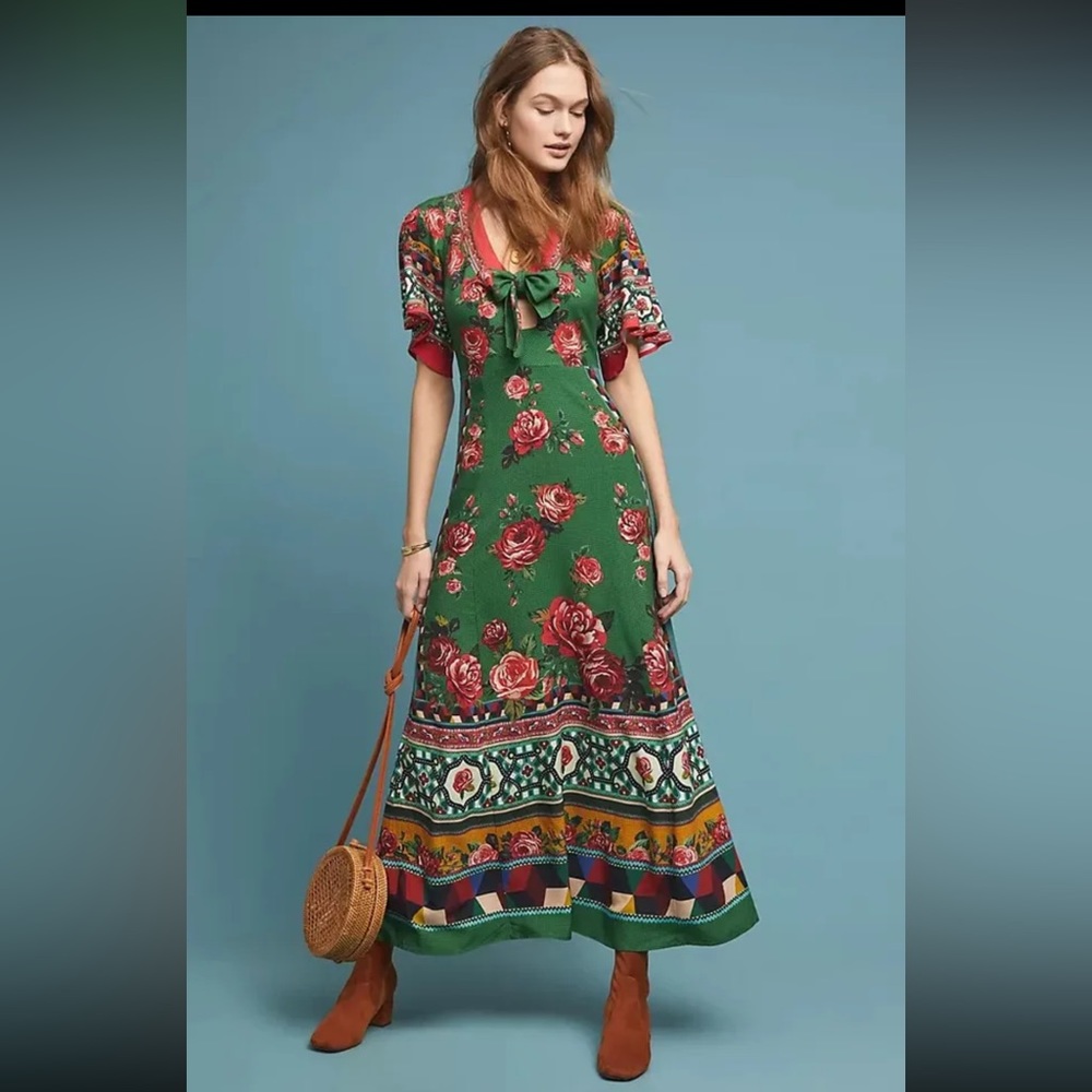 Farm Rio x Anthropologie Bolero Green Maxi Dress Size Small with Bow Tie Front